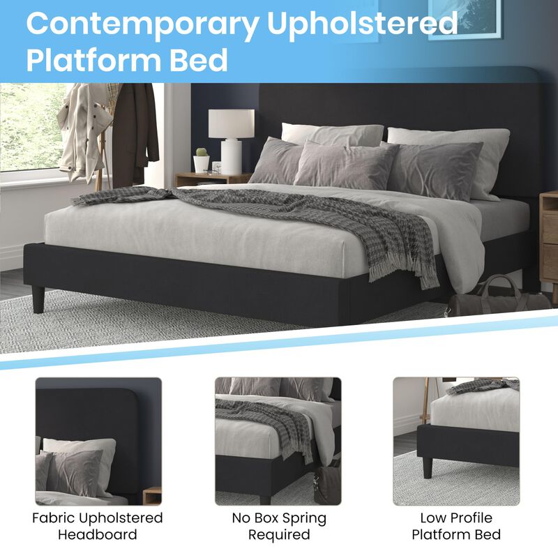 Flash Furniture Addison Platform Bed - Charcoal Fabric Upholstery - King - Headboard with Rounded Edges - Wood Slat Support - No Box Spring or Foundation Needed image number 2