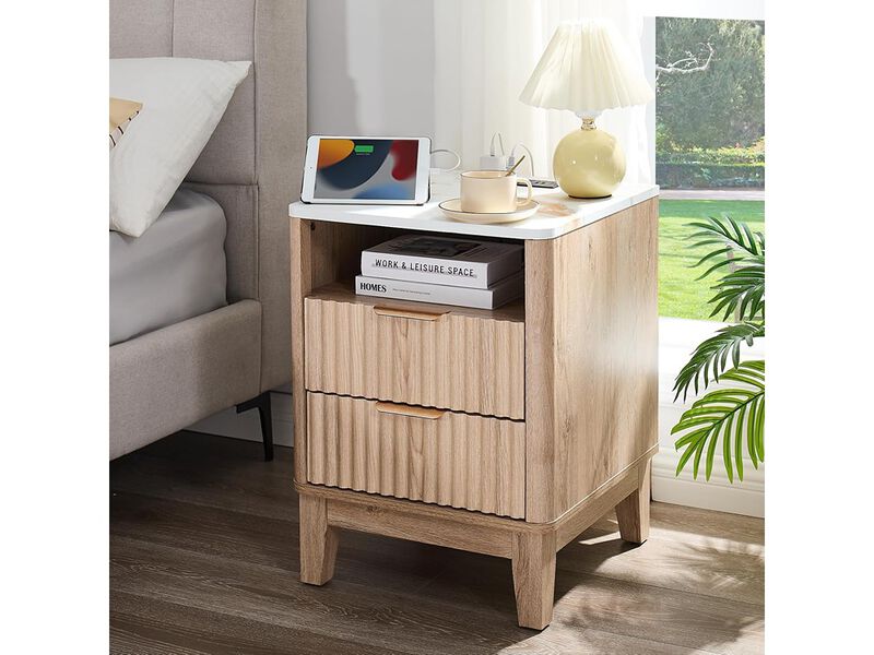GIAJORYA 2 Drawers Night Stand Fluted Curved Wood End Table for Bedroom image number 1