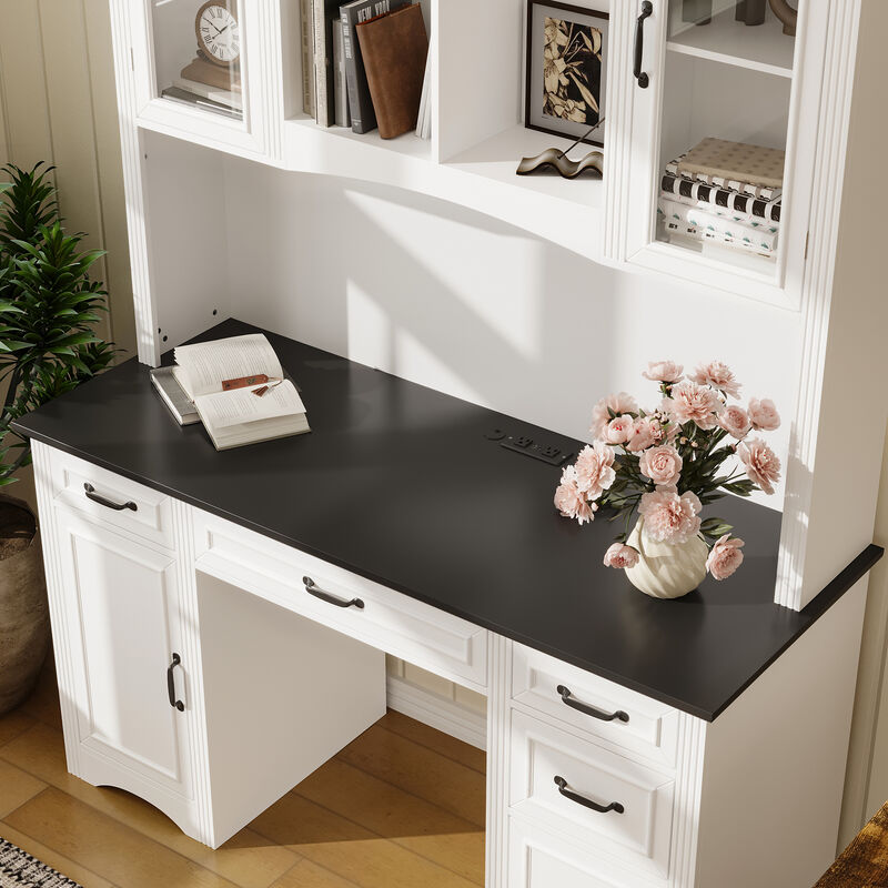 FUFU&GAGA Rustic Office Desk with Transparent Glass Doors, Shelves, Multiple Drawers, Large Storage Space, and Power Strip, (57.9 in. W x 10.7 in. D x 78.7 in. H), White and Black