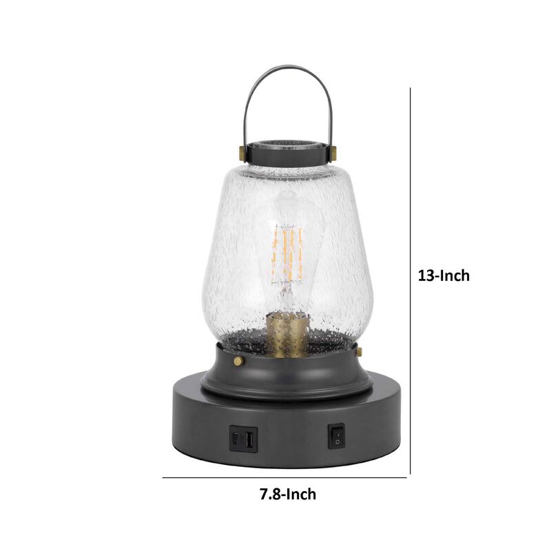Jerry Lantern Table Lamp, Bubble Glass Shade, USB Ports, Dark Bronze image number 7