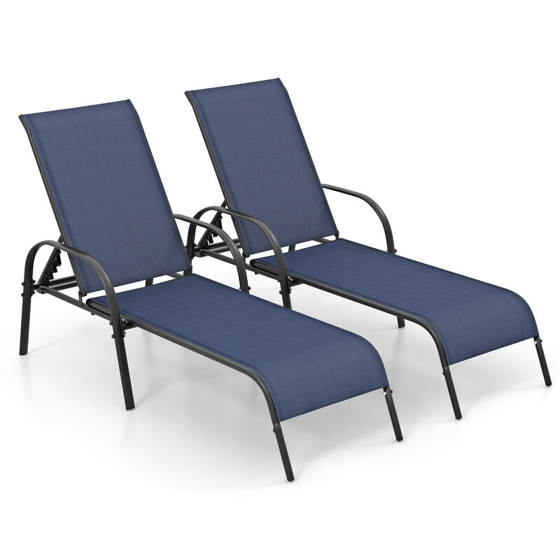 2 Pcs Outdoor Patio Lounge Chair Chaise Fabric with Adjustable Reclining Armrest