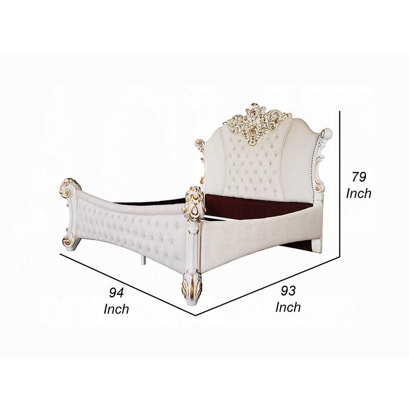 Antoine King Size Bed, Ivory Faux Leather Victorian Carved Pearl White - Benzara