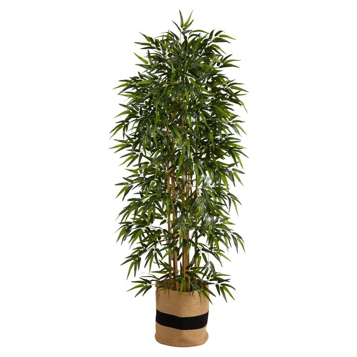 Nearly Natural 6-ft Bamboo Tree with 1024 Branches in Natural Cotton Planter