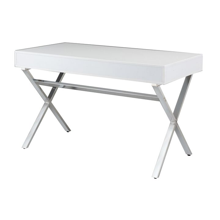 Gracie 47 Inch Desk, White Rectangular Top, 2 Drawers, Chrome Metal Legs - Benzara