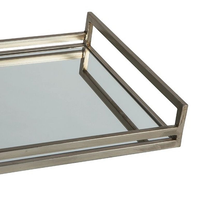 Rectangular Metal Frame Tray with Mirrored Top, Silver-Benzara