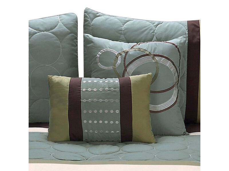 6 Piece King Comforter Set with Pleats and Embroidery, Green and Blue - Benzara