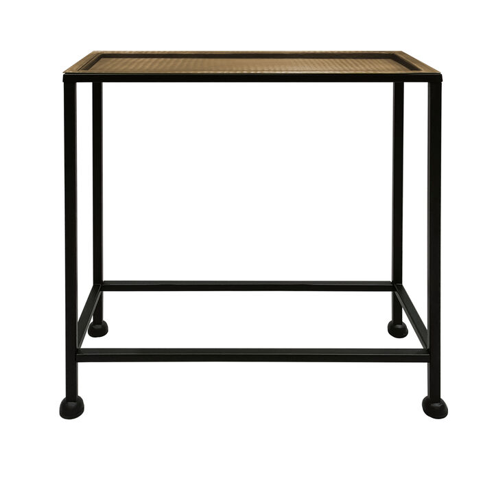 Aurelia 20 Inch Artisanal Side End Table, Hammered Tray Top, Antique Bronze, Industrial Black Iron Frame-Benzara