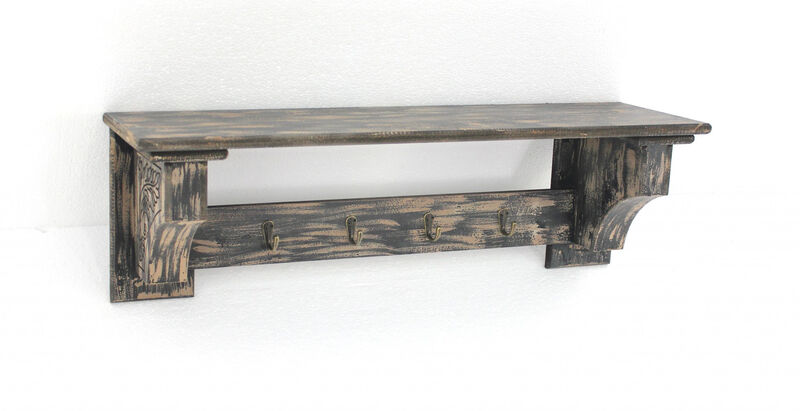 Vintage Wall Shelf with Wooden Design and Four Metal Hooks