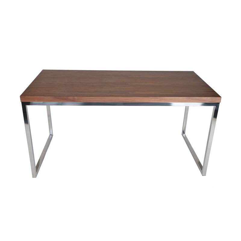Rami 59 Inch Office Desk, Rectangular Top, Walnut Brown Wood, Steel Frame - Benzara