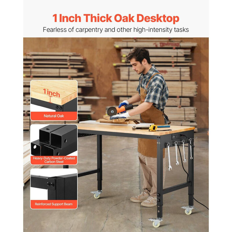 Adjustable Workbench with Power Outlet, Pegboard and Wheels Heavy Duty Wood Top image number 6