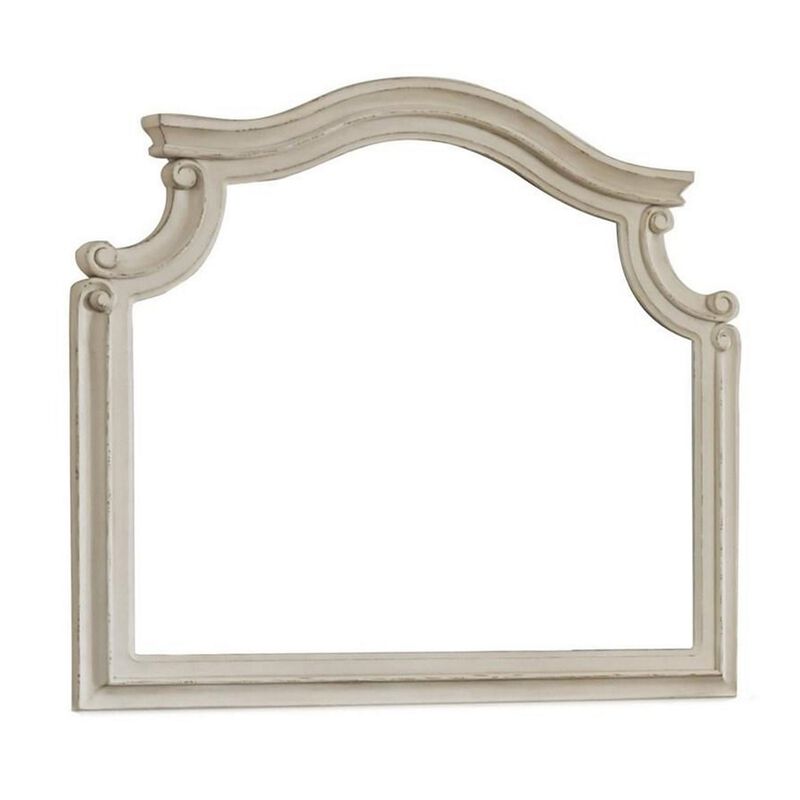Scalloped Top Wood Encased Mirror with Molded Details, Antique White-Benzara image number 1