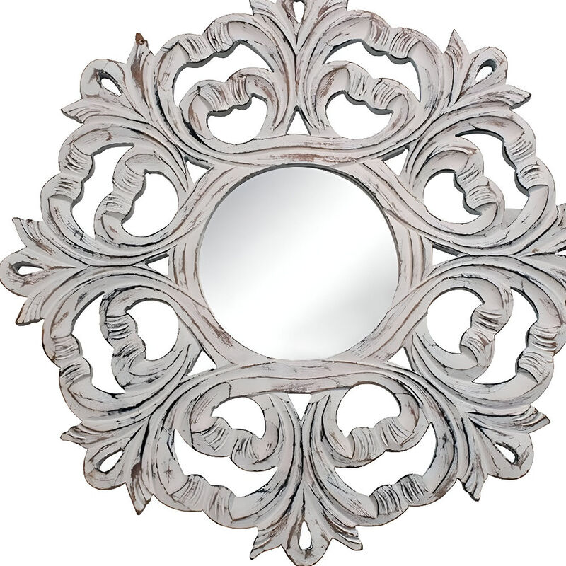 HomeRoots 24" White Floral Scrollwork Distressed Round Framed Accent Mirror image number 2