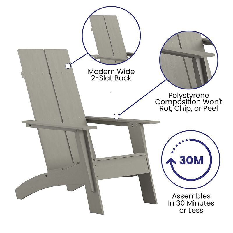 Flash Furniture Sawyer Modern Commercial 2-Slat Back Adirondack Chair - Gray Commercial All-Weather Poly Resin Lounge Chair