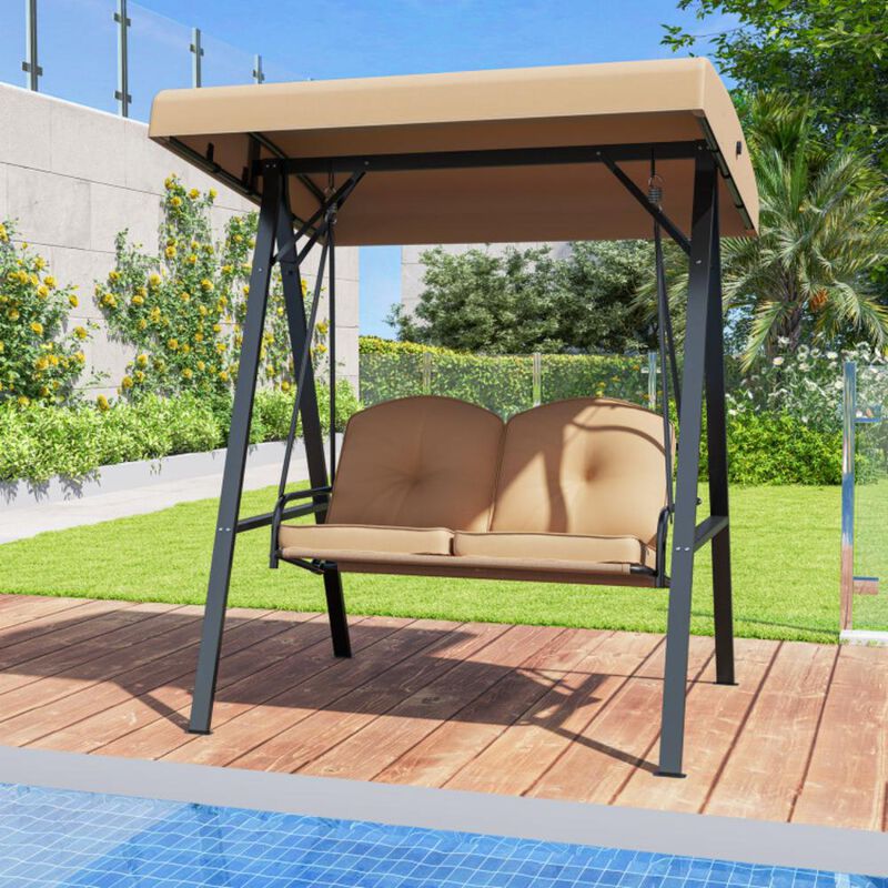 Hivvago 2-Person Outdoor Porch Swing with A-Shaped Metal Stand and Adjustable Canopy