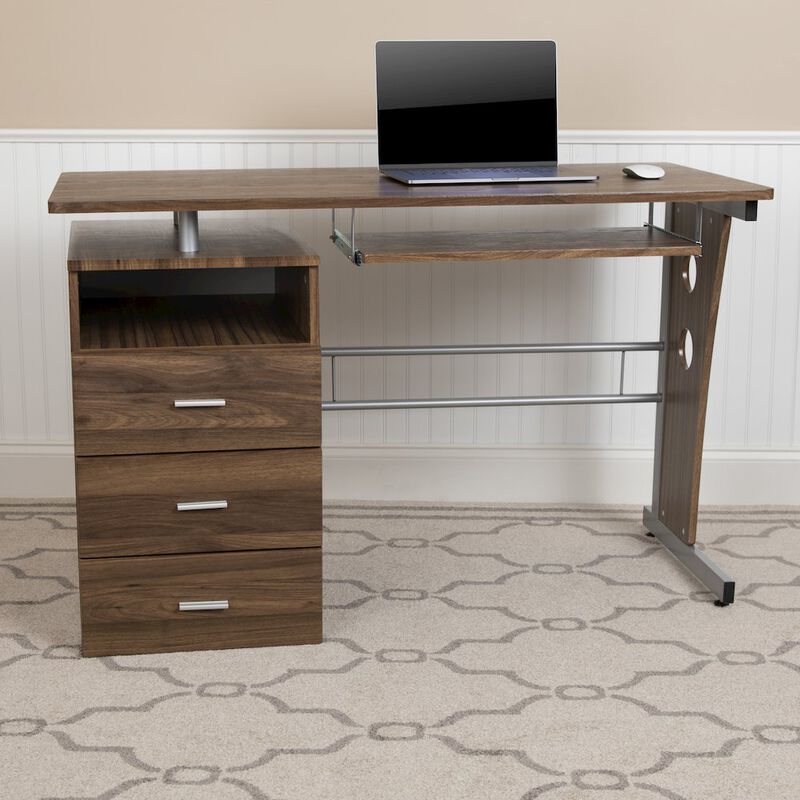 Flash Furniture Rustic Walnut Desk with Three Drawer Pedestal and Pull-Out Keyboard Tray image number 7