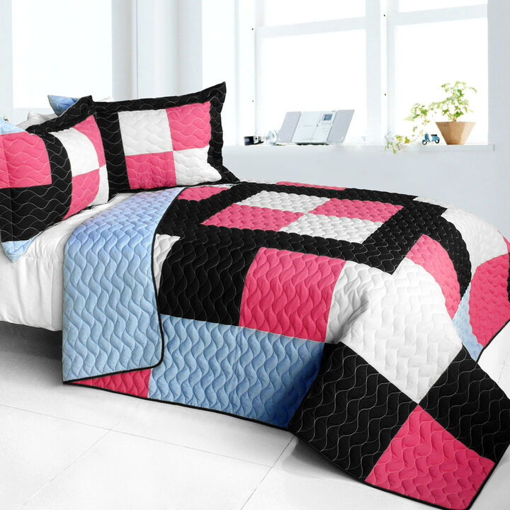 Soft Queen Size Patchwork Quilt Set 3PC, Vermicelli Quilted Bedding