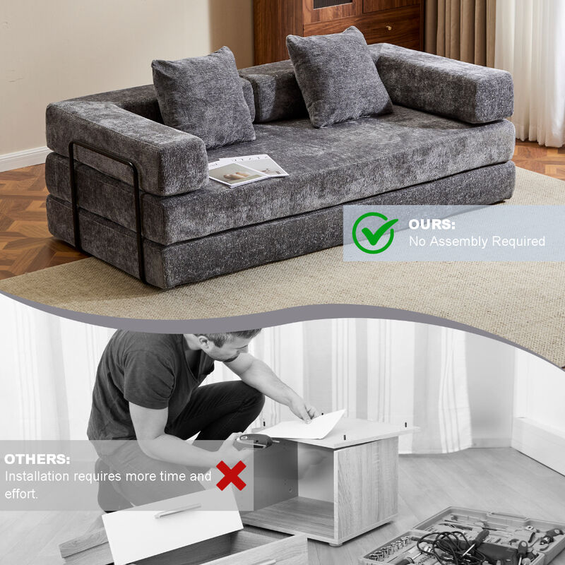 Chenille Floor Sofa Bed &ndash; Comfy Futon Couch with Pillow and Back Support