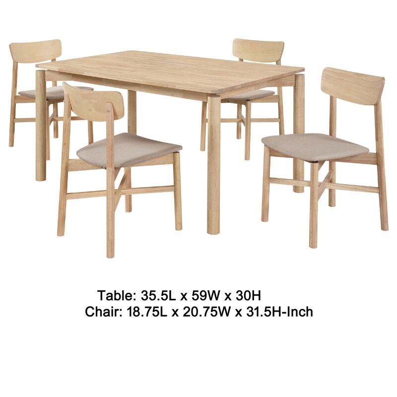 Rida 5pc Dining Table Set w 4 Tan Brown Upholstered Chairs, White Washed - Benzara