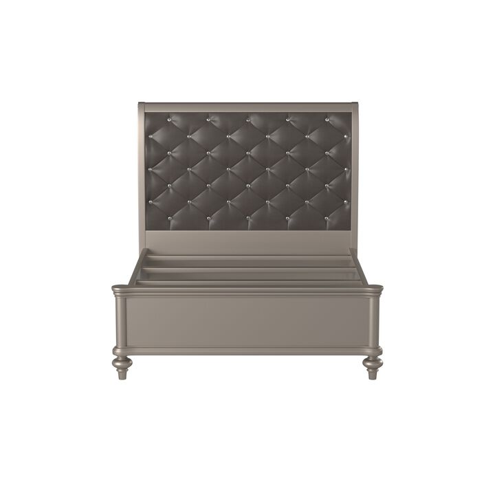 Opulent Wooden Queen Bed With Silver PU Tufted HB, Shinny Silver Finish - Benzara