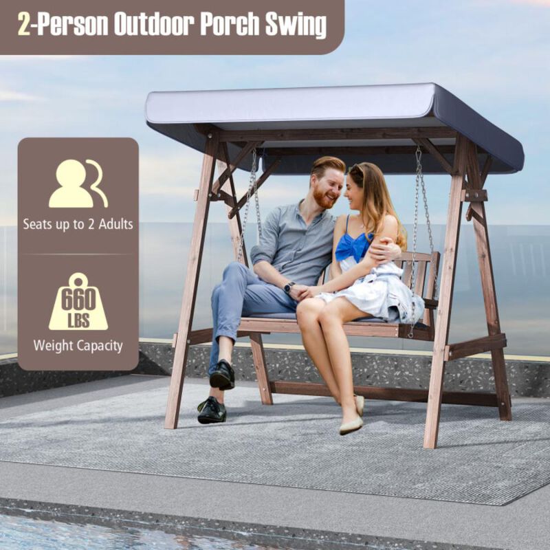 Hivvago 2-Person Porch Swing with Fir Wood Stand and Tilt Canopy