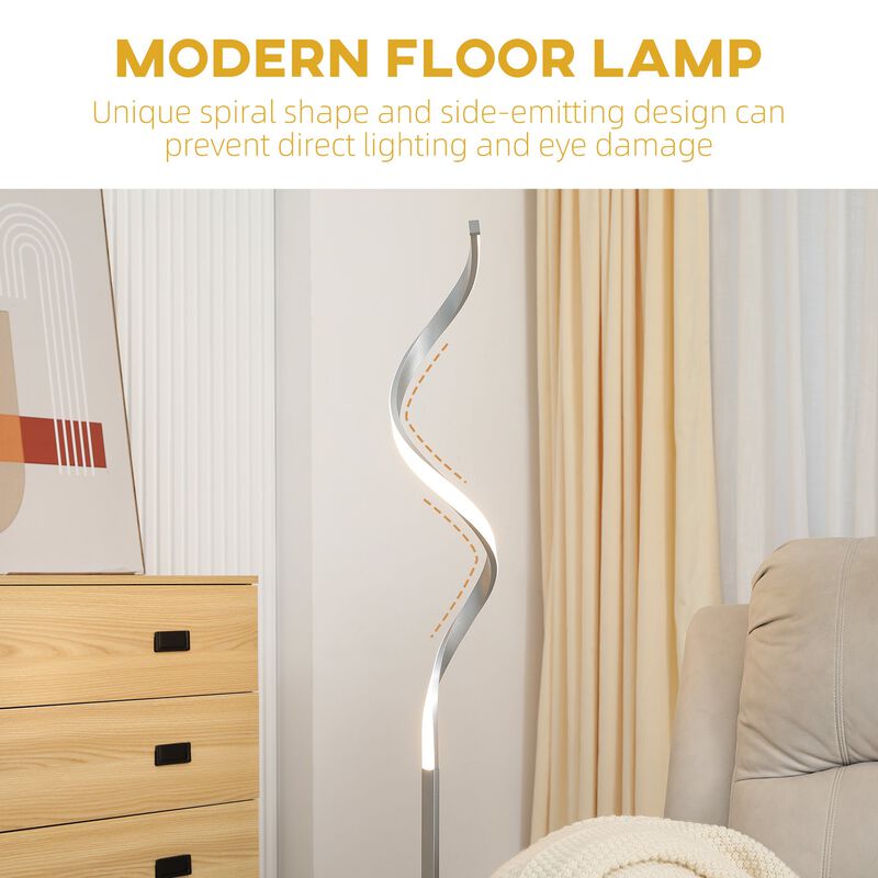 Modern Spiral Floor Lamp, LED Standing Lamp Warm White with Square Base and Foot Switch for Living Room, Bedroom, Set of 2, Silver