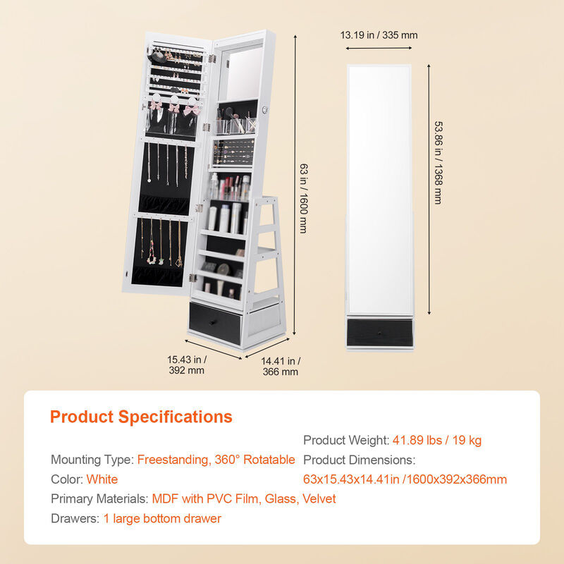360&deg; Swivel Jewelry Cabinet with Full-Length Mirror, Freestanding Storage Armoire