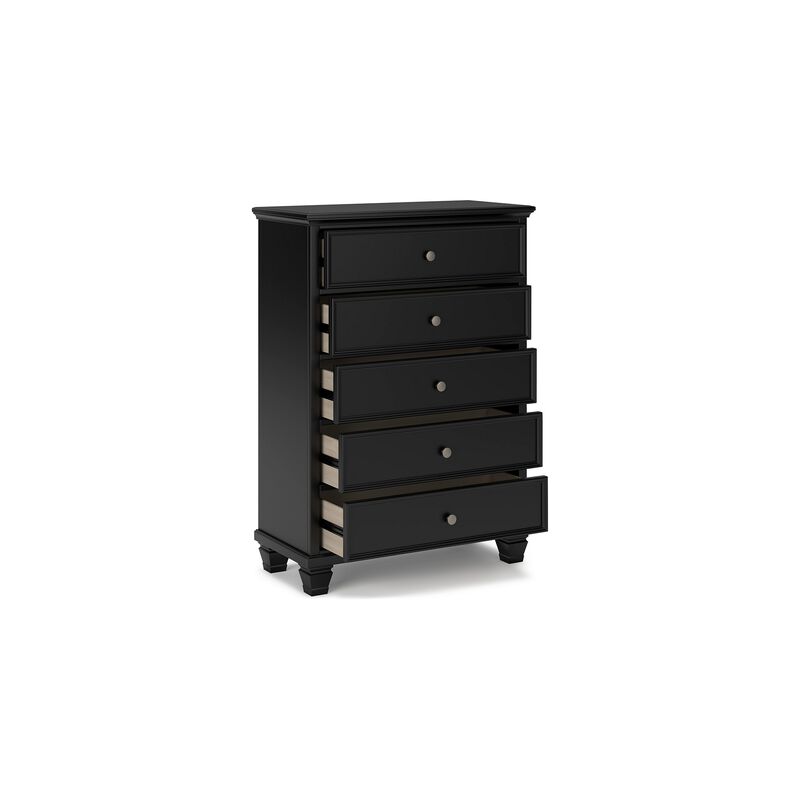 Lemo Tall Dresser Chest, 5 Drawer, Nickel Round Knob, Black Solid Wood - Benzara