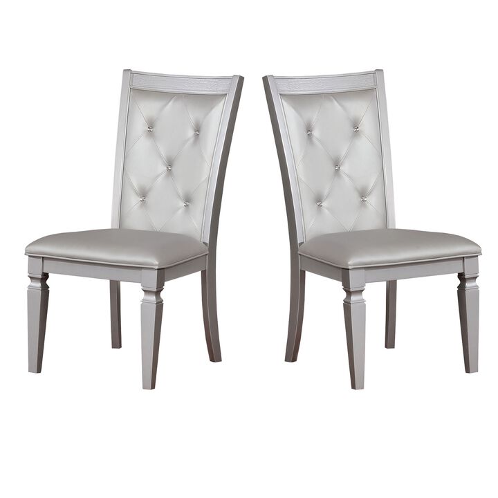 Button Tufted Leather Upholstered Side Chair, Silver, Pack Of Two-Benzara