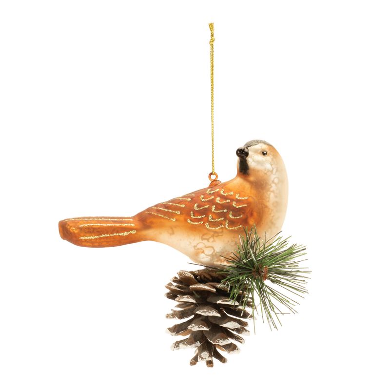 Woodland Christmas Ornaments Set – 6 Glittered Glass Bird and Pinecone Tree Decorations