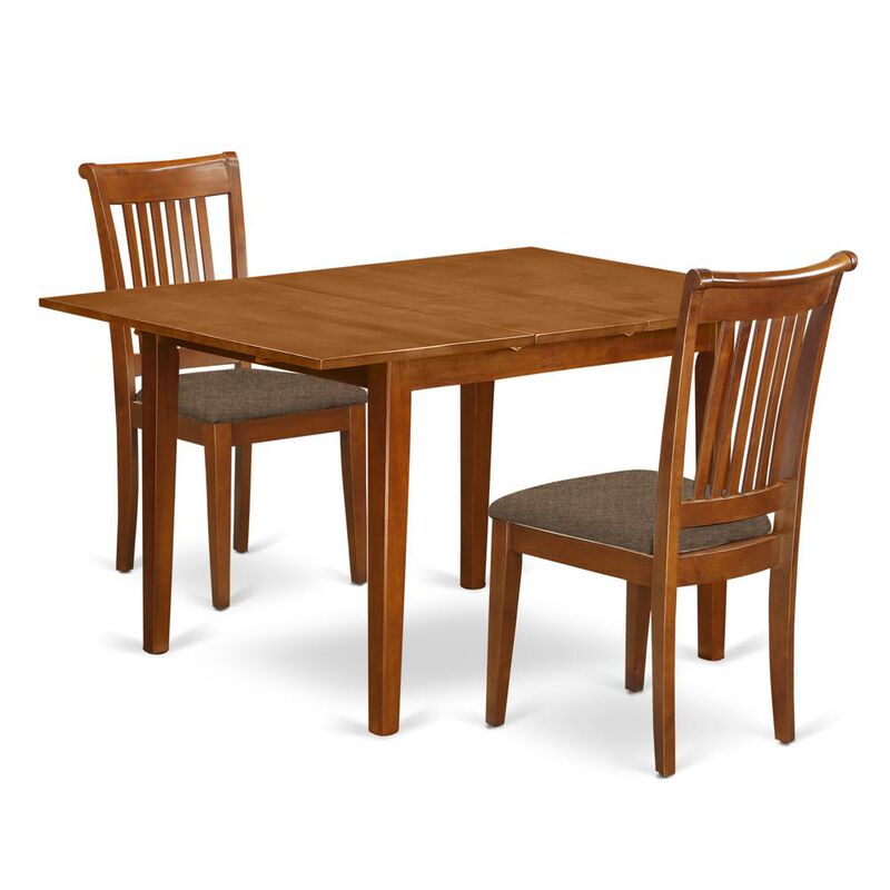 3 Pc set Milan Kitchen Table featuring Leaf and 2 Cushiad Seat Chairs in Saddle Brown .
