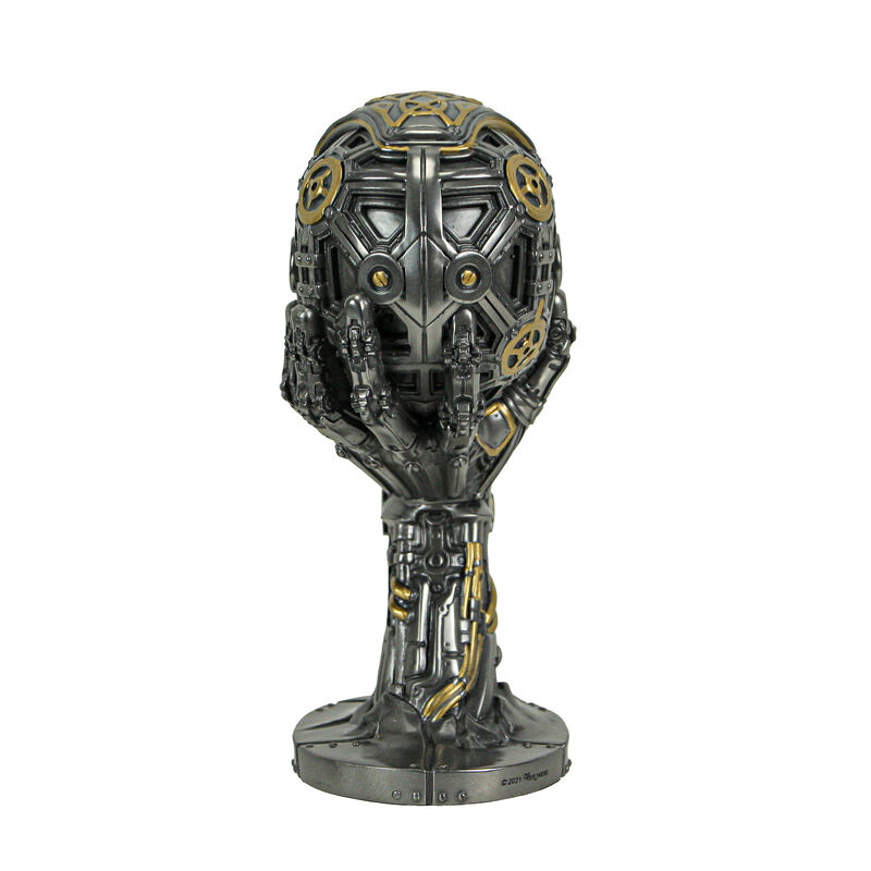 Silver / Gold Finished Steampunk Human Skull Statue - Robotic Arm Base image number 2