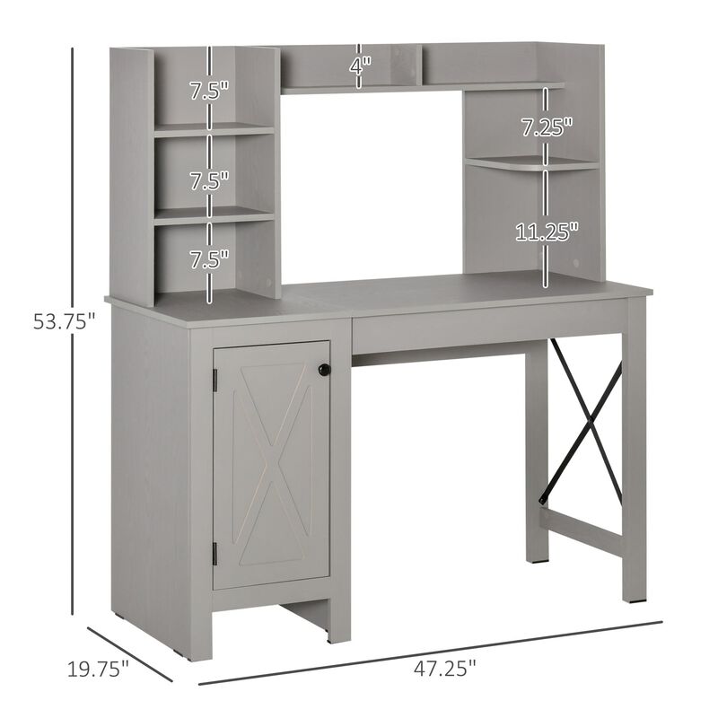 Farmhouse Computer Desk with Door Knob, Foot Pads and X-Frame, Home office Desk with Shelves, Desktop and Cabinet, Study Table, Light Grey