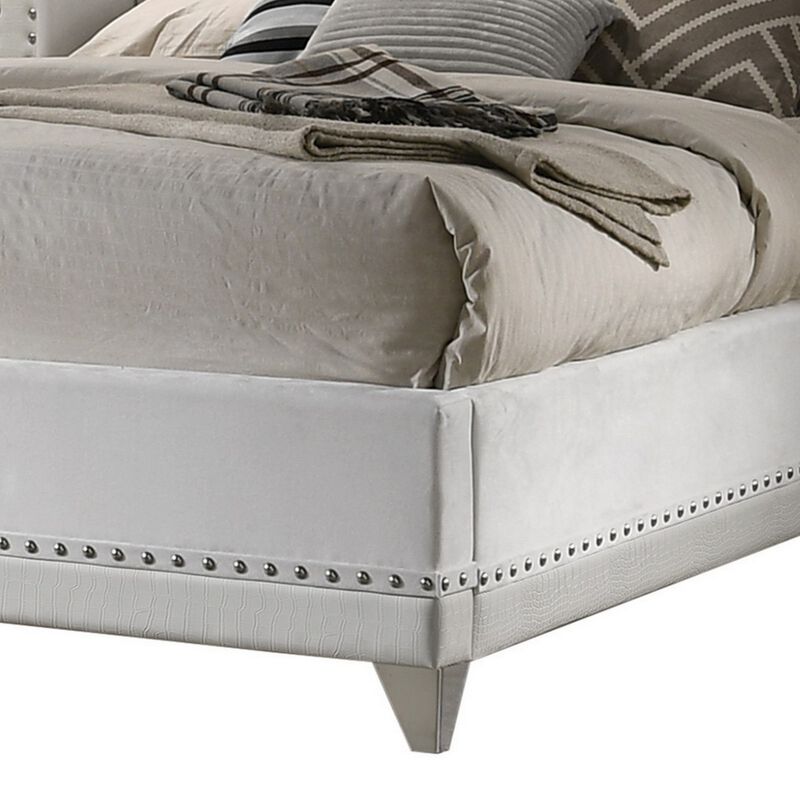 Dini California King Bed, Crystal Button Tufting, White Velvet Upholstery - Benzara