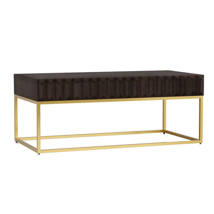 Bran 48 Inch Rectangular Coffee Table, Brown Wood, Gold Base, 2 Drawers-Benzara