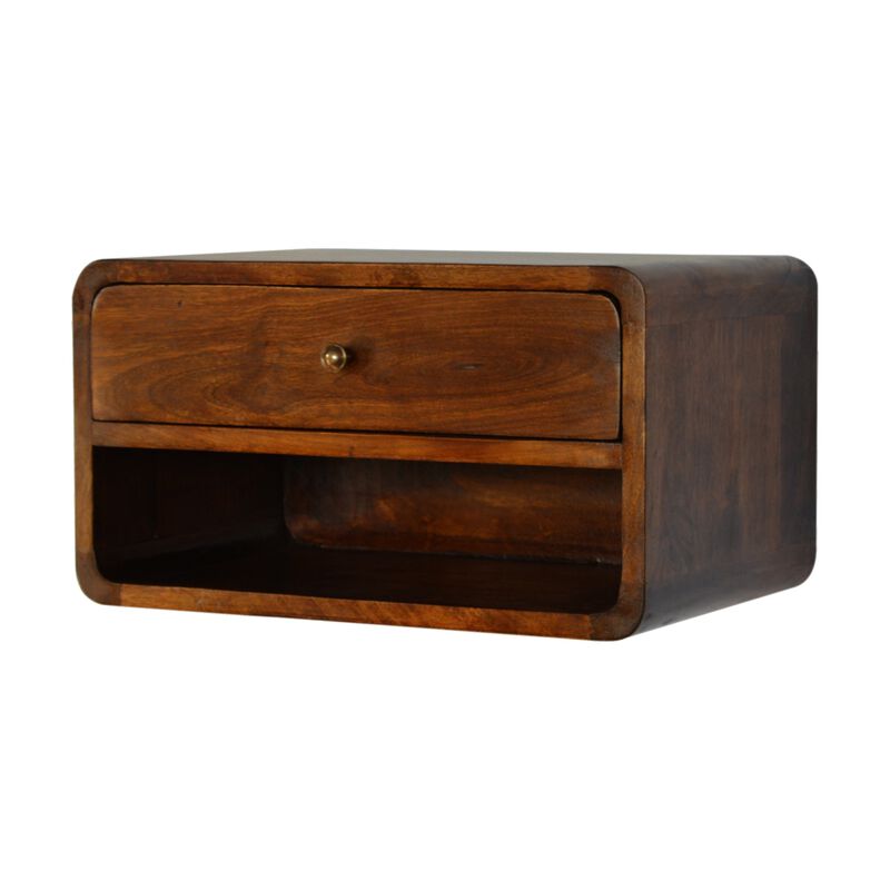 Curved Chestnut Wall Mounted 1 Drawer with Open Slot Solid Wood Nightstand