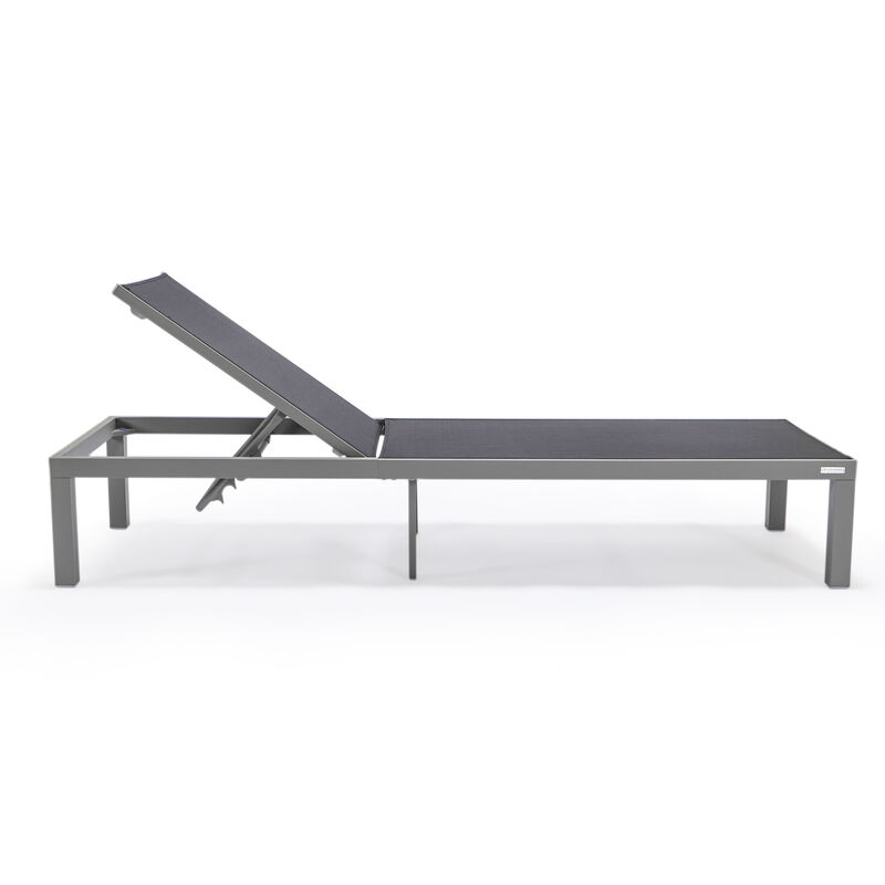 LeisureMod Marlin Modern Black Aluminum Outdoor Patio Chaise Lounge Chair in Grey Frame with Square Fire Pit Side Table