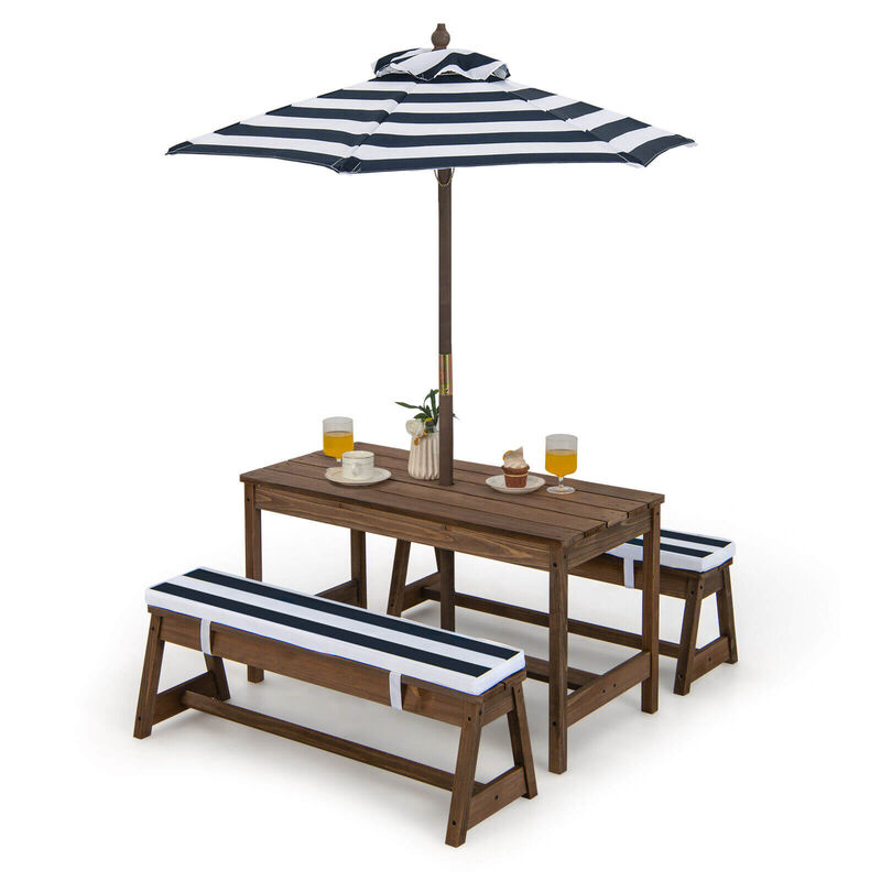 Picnic Table and Bench Set with Cushions and Height Adjustable Umbrella