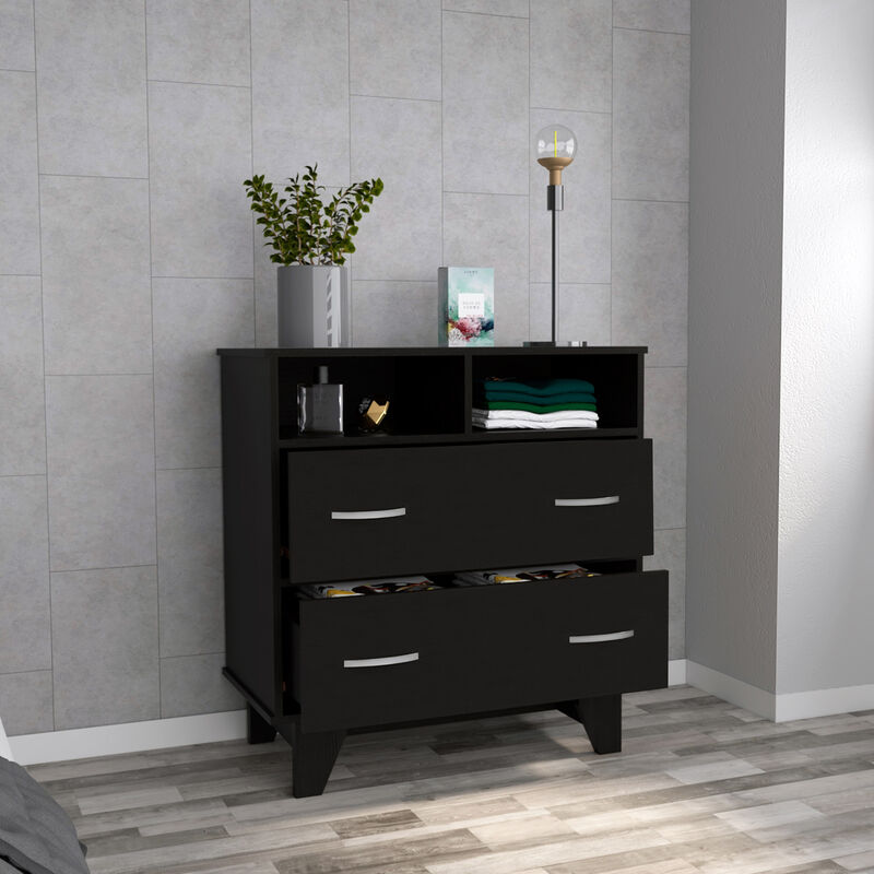 DEPOT E-SHOP Stamford Two Drawer Dresser, Four Legs, Two Open Shelves, Superior Top, Black