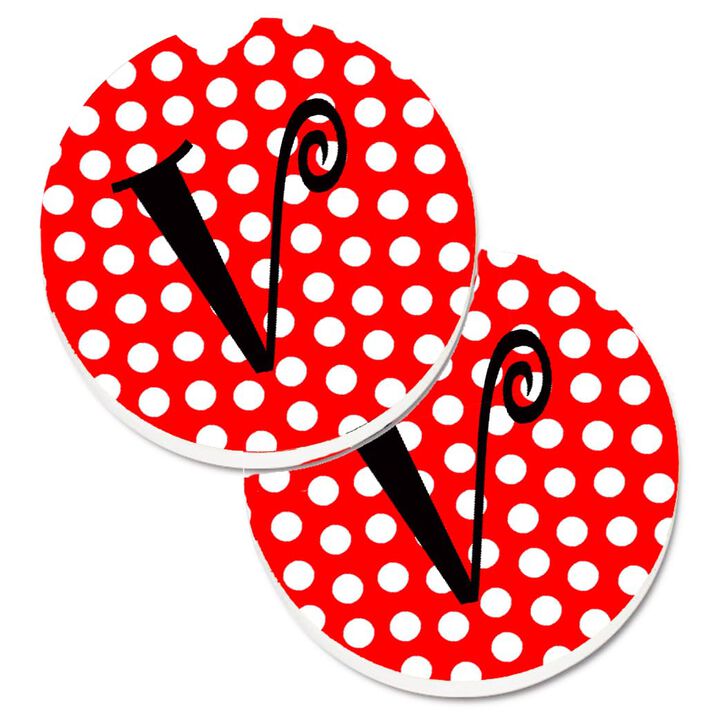 Caroline's Treasures Monogram - Initial V Red black Polka Dots Set of 2 Cup Holder Car Coasters CJ1012-VCARC, 2.56, Multicolor