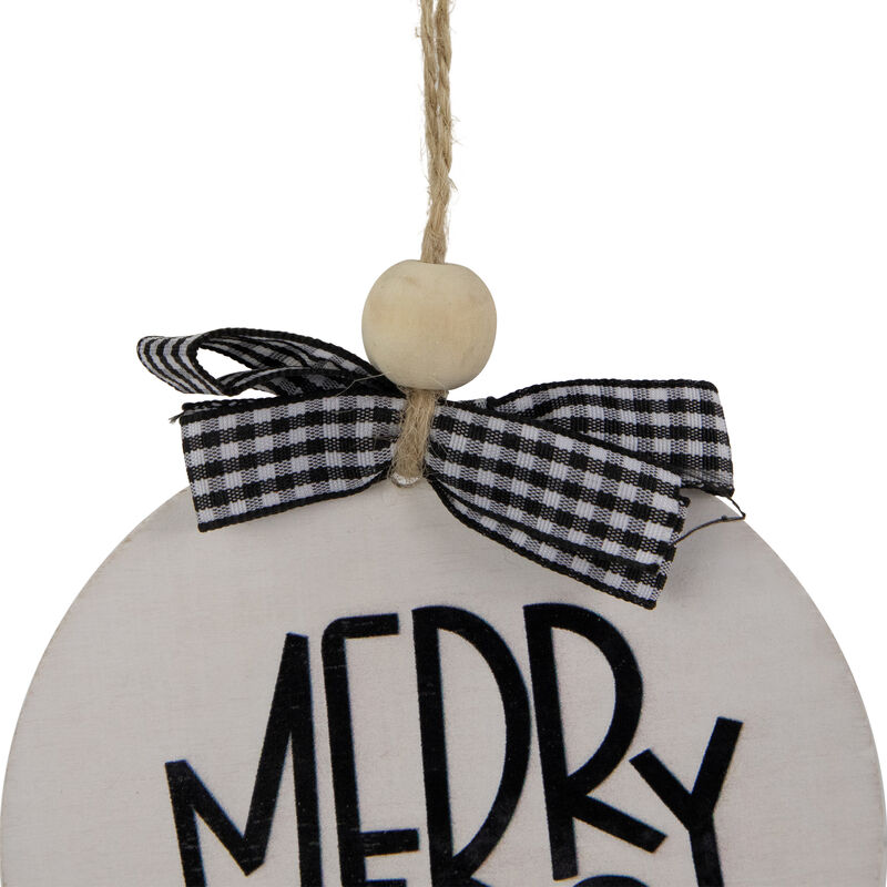 4" Black and White Merry Christmas Ornament Wooden Disc with Plaid Bow image number 2