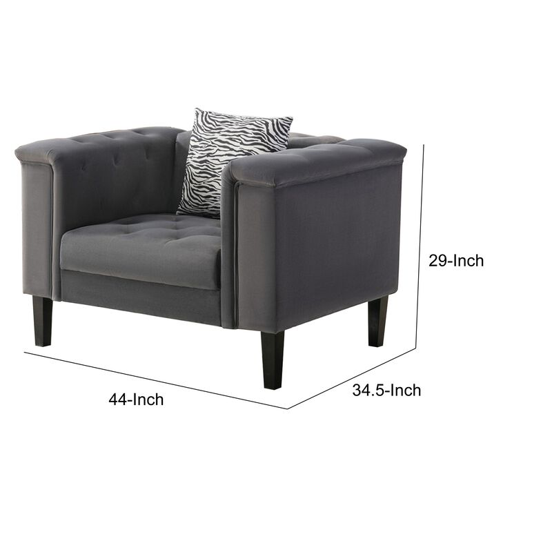 Aki 44 Inch Accent Chair with Pillow, Deep Button Tufted, Gray Velvet-Benzara