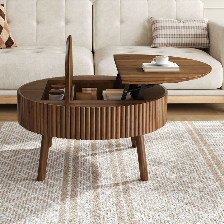Whisen 30.3" Round Lift-Top Coffee Table, Solid Wood Mid-Century Modern Center Table with Hidden Storage for Living Room