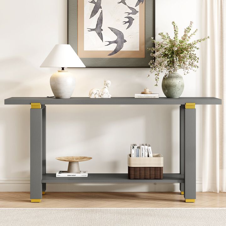 62.9" Modern Minimalist Console Table, Solid Wood Entryway Sofa Table with Metal Accents, Built-in Shelf, for Living Room, Hallway