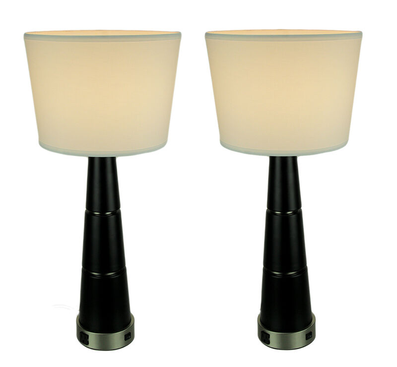 Modern Black Tapered Table Lamp With Power Outlets Set of 2 image number 0