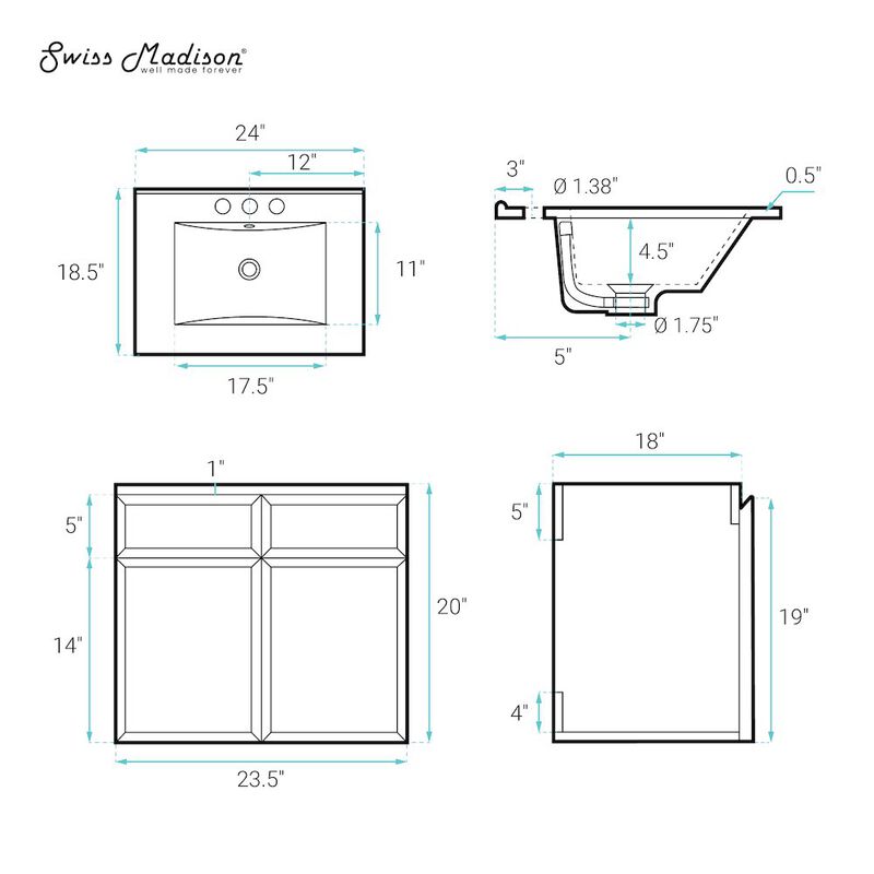 24" Wall-Mounted Bathroom Vanity in Brown Oak with 3-Hole Centerset Sink Top image number 5