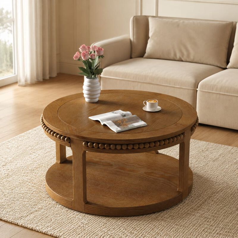 GOODSILO 31.5 Inch Two-Tier Round Solid Wood Coffee Table and Sofa Table Sturdy Thickened Top Heavy-Duty Circle Accent Table for Living Room Lounge and Sofa Areas image number 3