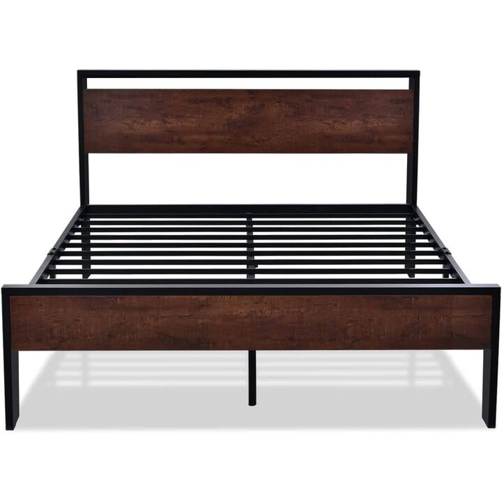 Hivvago King Metal Platform Bed Frame with Mahogany Wood Panel Headboard Footboard