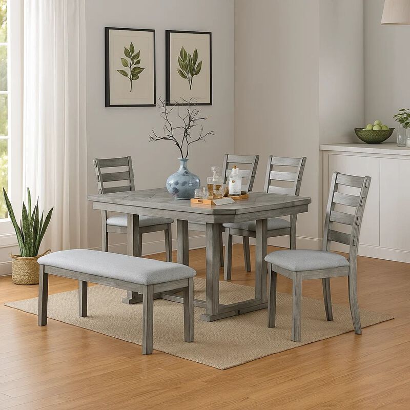 Lais 6pc Dining Table Set with Bench, 4 Ladderback Chairs, Rustic Gray image number 6