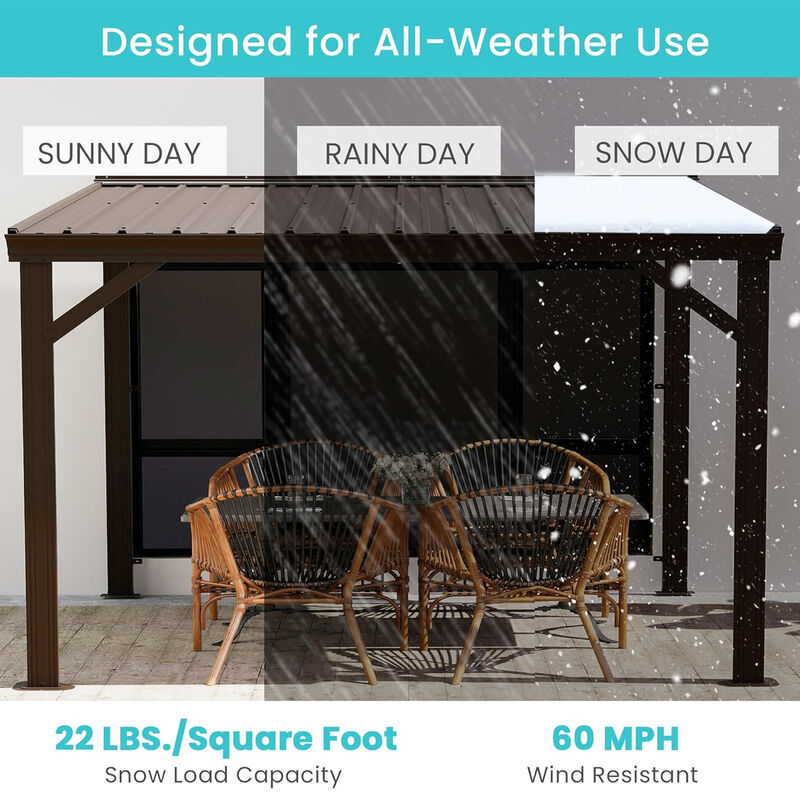 10X12FT Wall Mounted Gazebos Pergola with Built in Drainage System, Galvanized Steel Roof Hardtop Patio Shelter, Gray image number 8