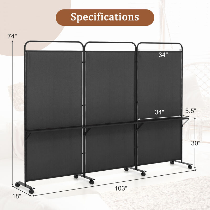 Multi-Functional 3-Panel Folding Room Divider with Metal Shelves and Lockable Wheels